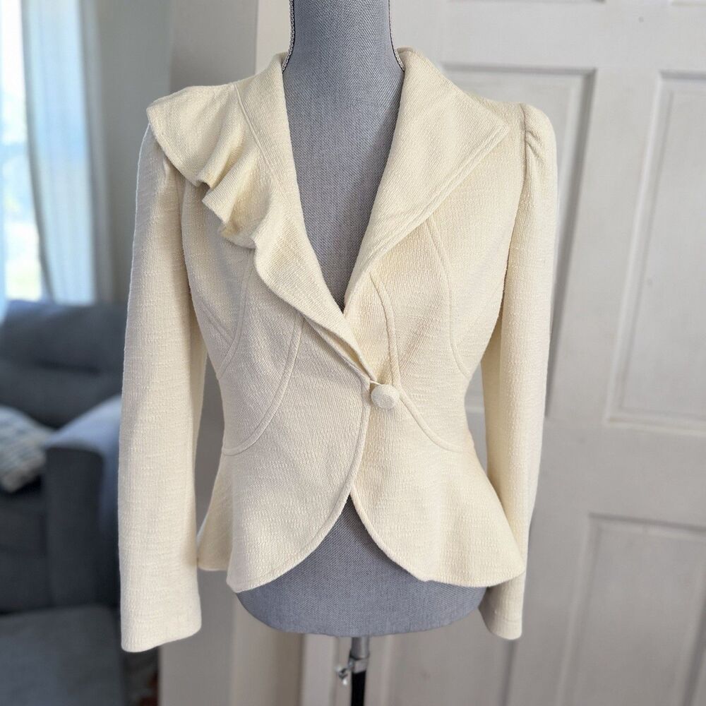 Nanette Lepore Size 6 Ivory Ruffle Peplum Jacket Knit Blazer Fitted Romantic